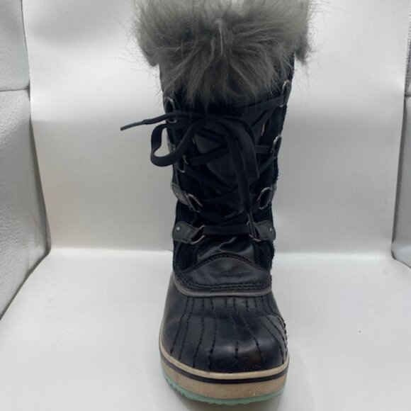 Kids SOREL black and blue lace up snow boots faux fur - Picture 3 of 13